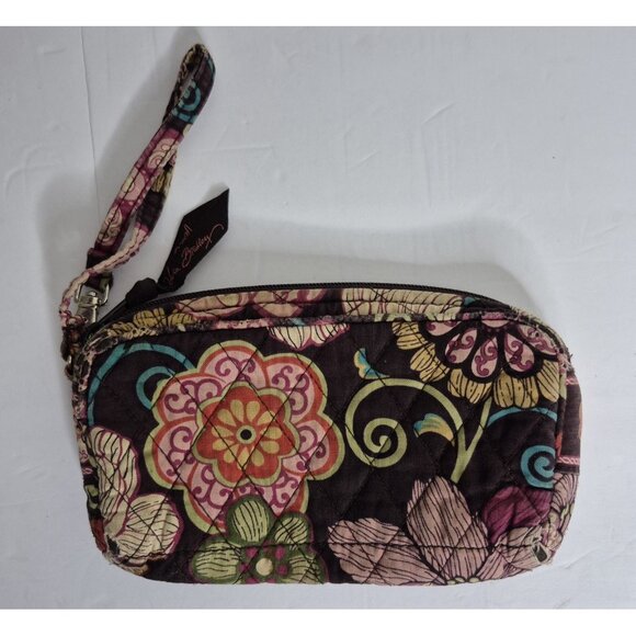 Vera Bradley "Mod Floral Pink" wristlet in a brown quilted cotton fabric - Picture 6 of 7